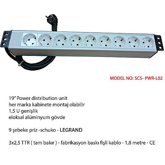 Scs Pazar Kabinet Prizi - 19"inch , 9lu Şebeke , Kablolu Power Grubu ( 9XDIN49440 Soketli Schuko Grup Priz )