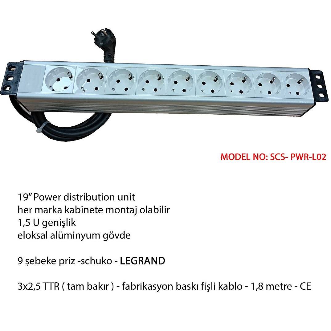 Scs Pazar Kabinet Prizi - 19"inch , 9lu Şebeke , Kablolu Power Grubu ( 9XDIN49440 Soketli Schuko Grup Priz ) - 1